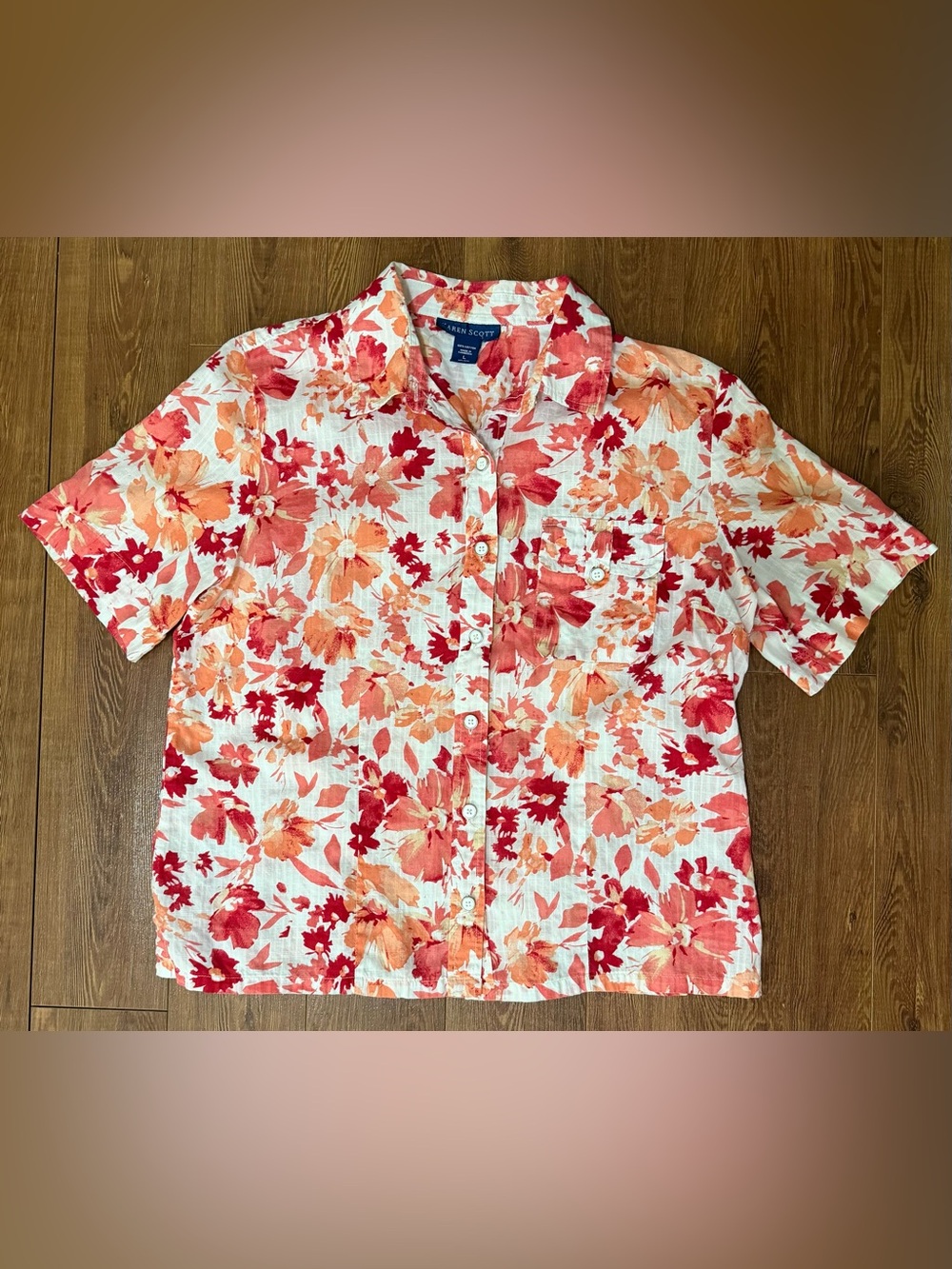 Women’s Floral Short Sleeve Button-Down Shirt by Karen Scott - Size Large